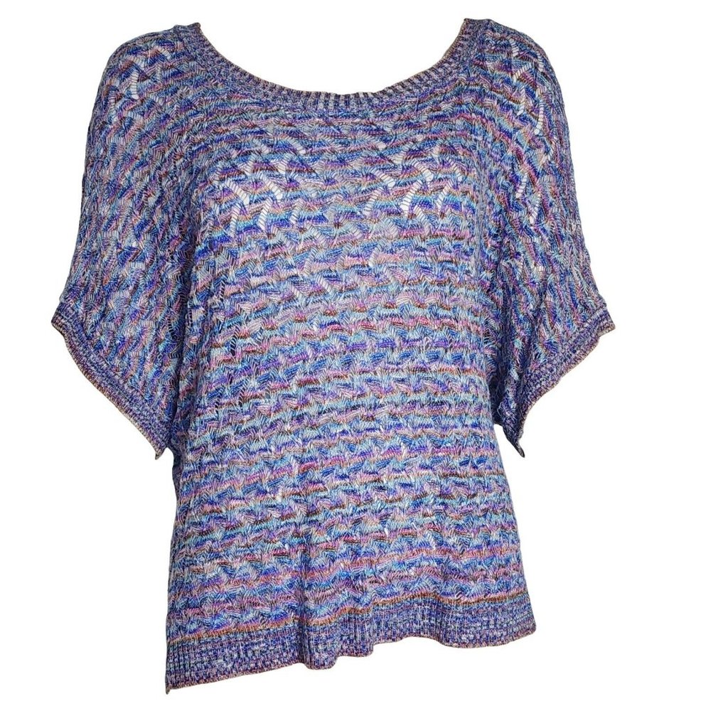 DRESSBARN Blue‎ Rainbow Open Knit Short Sleeve Dolman Top Womens Plus Size 1X